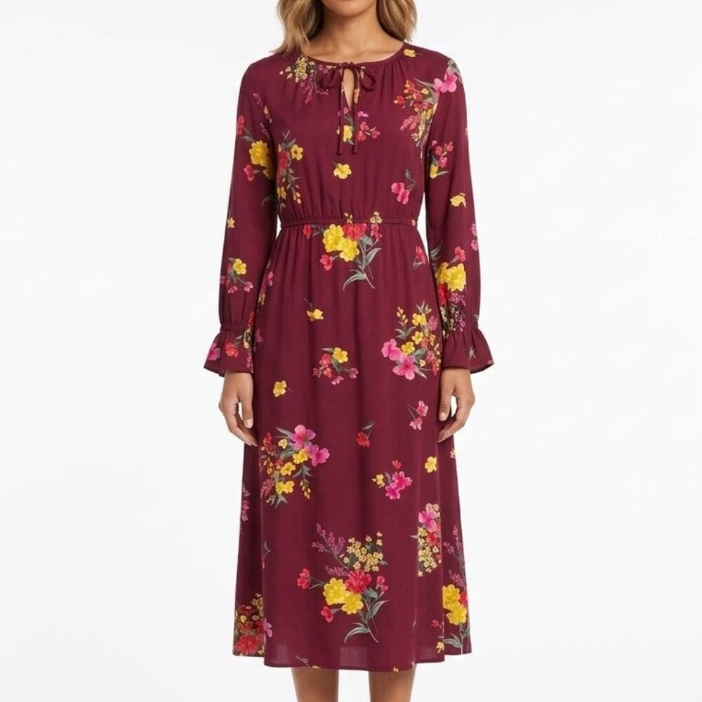 Old Navy Burgundy Floral Midi Dress Long Sleeve Rayon Boho Tie Neck Keyhole Sm